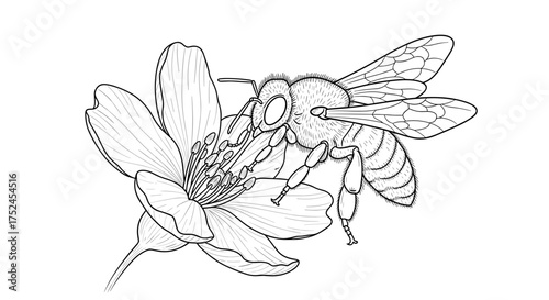 Detailed line art of a bee collecting pollen from a delicate flower