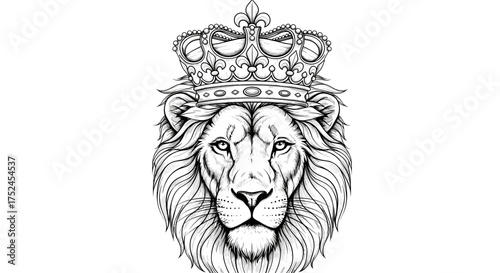 Detailed monochrome illustration of a lion wearing a royal crown