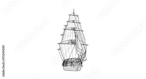 Illustration of a tall ship with sails viewed from the stern angle