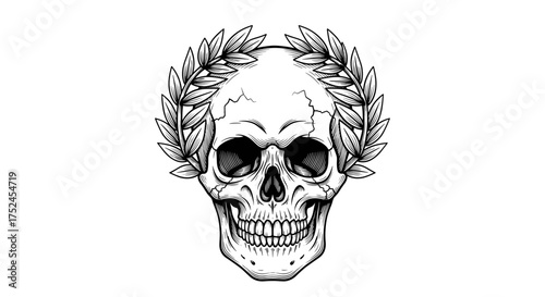 Detailed skull with laurel wreath crown in black and white drawing