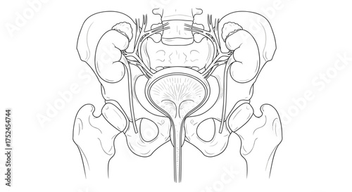 Illustration of the urinary system within the pelvic bone structure