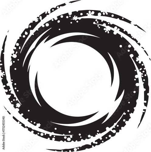Black swirling vortex with speckles and white specks on white background Keywords: vortex, swirl