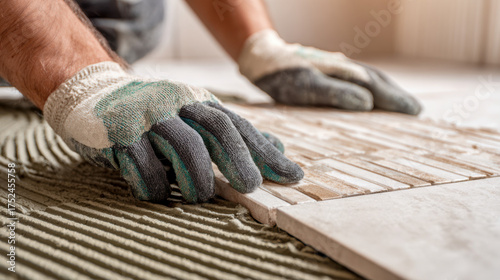 Worker wearing protective gloves installing ceramic floor tiles with strong adhesive in an indoor home renovation project focusing on precise placement and alignment