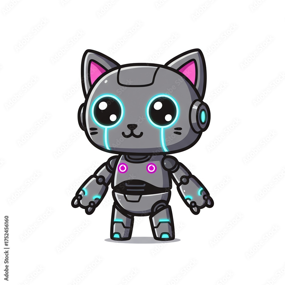 Fototapeta premium Robotic cat character with glowing blue eyes
