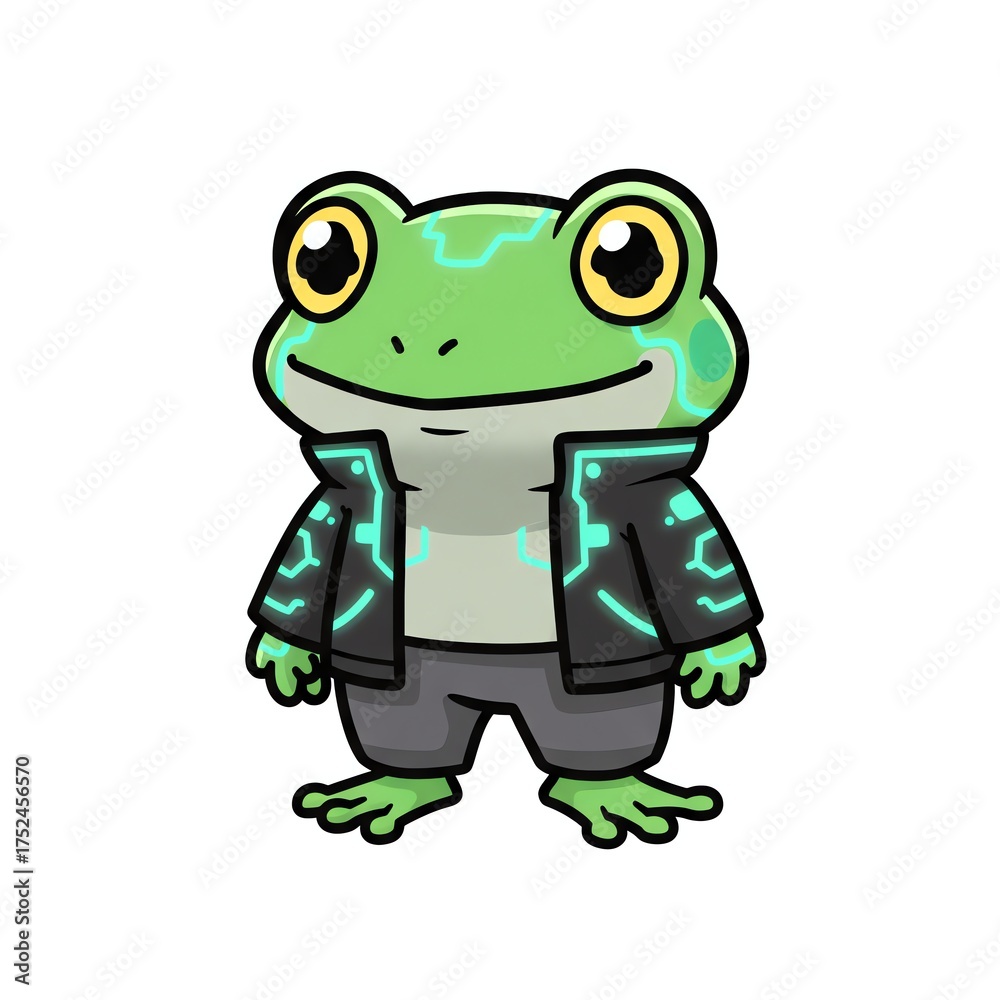 Obraz premium A cartoon frog wearing a futuristic jacket and pants