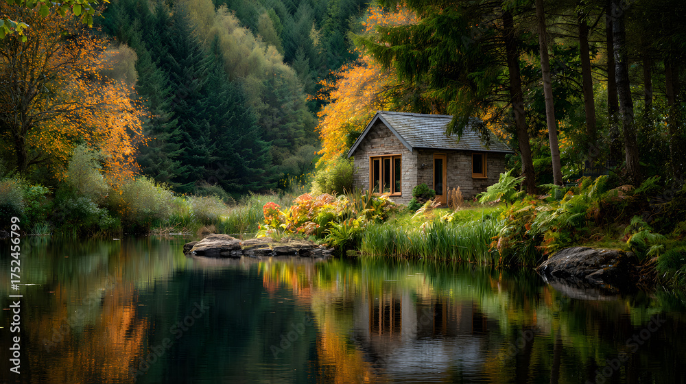 Obraz premium Tiny home on forest edge facing still lake reflecting autumn colors 