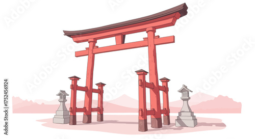 Japanese Torii Gate illustration An iconic red structure signifying entrance to sacred spaces, often found in Shinto shrines