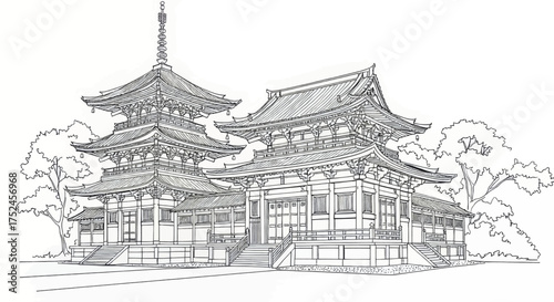 Traditional Japanese temple, Pagoda and main hall, intricate line drawing for architectural and cultural themes