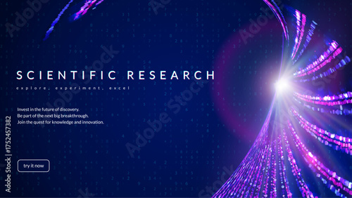 Scientific Research Background. Blue Tech Cosmos Bg. Space Network. Bio Technology Banner With Element Lines And 3d Design. Abstract Data Science Pattern With Dots.
