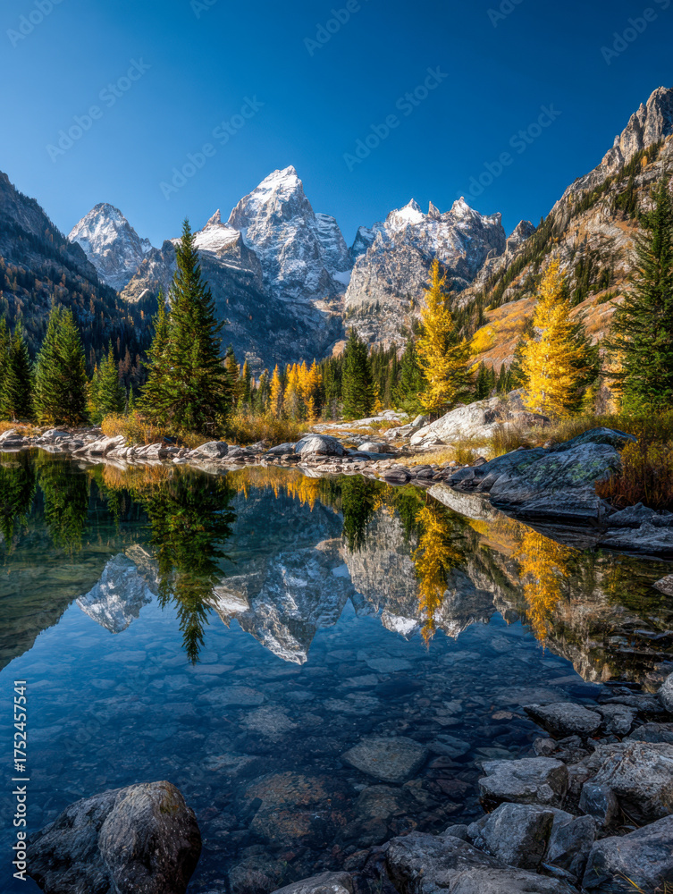 Obraz premium Stunning alpine mountain range with snow-capped peaks reflected in a crystal-clear lake surrounded by vibrant autumn trees and rocky shoreline under bright blue sky