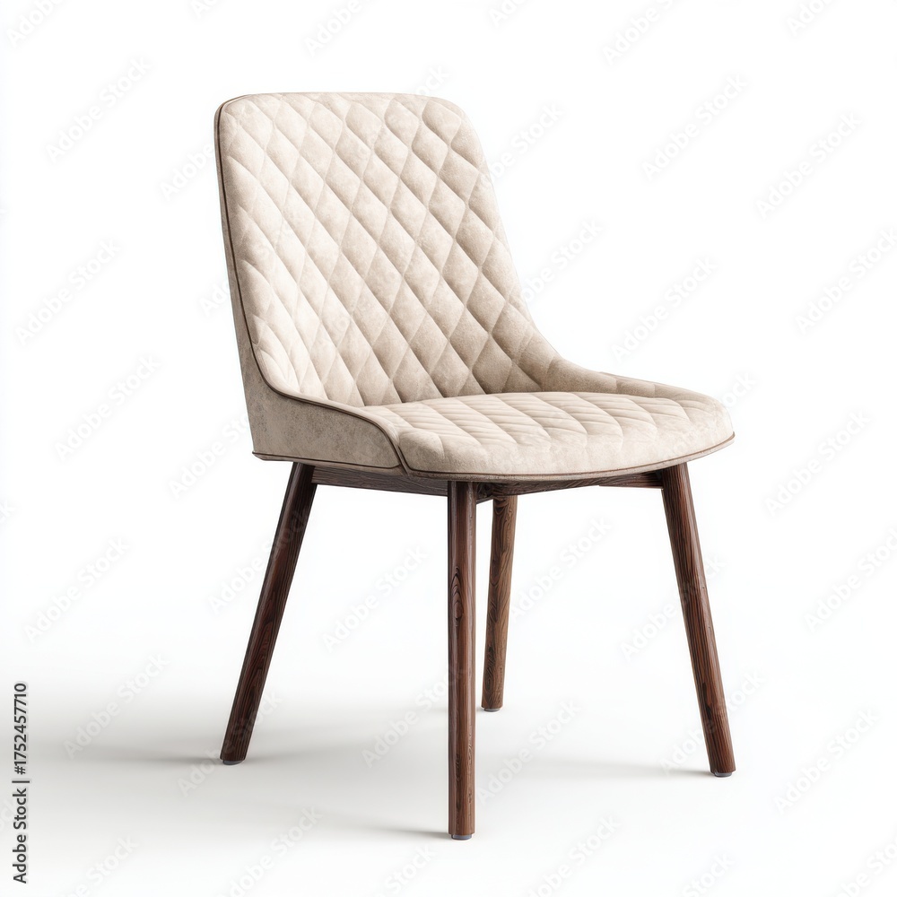 Obraz premium A stylish modern dining chair featuring a quilted light beige upholstery and elegant wooden legs, isolated against a clean white background, exuding sophistication and comfort.