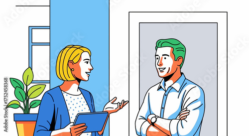 Business meeting between a man and a woman in an office setting.