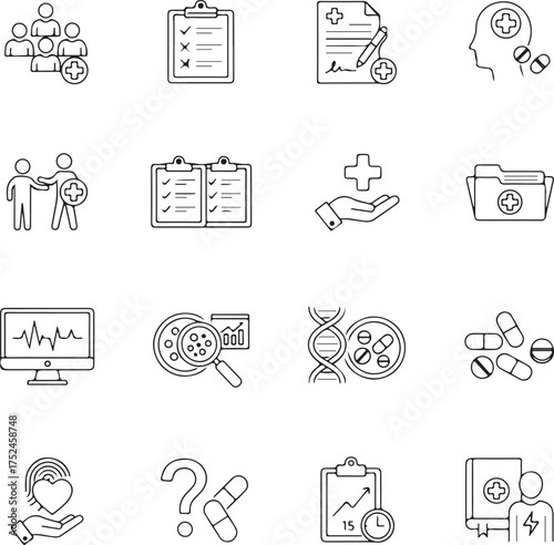 Clinical Study Line Editable Icons set. Vector illustration in modern thin line style of medicine related icons: patient, placebo effect, research results
