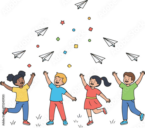Cheerful cartoon children throwing paper airplanes and confetti kids illustration