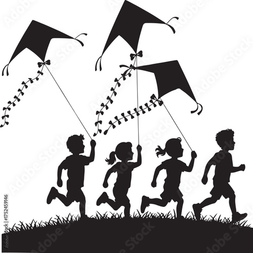 Children Silhouettes Running With Kites Flying In The Sky On A Sunny Day kids