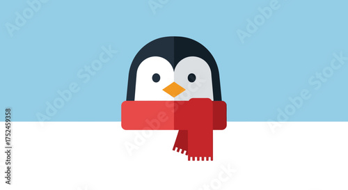 Cute Penguin Wearing a Red Scarf on a Snowy Background.