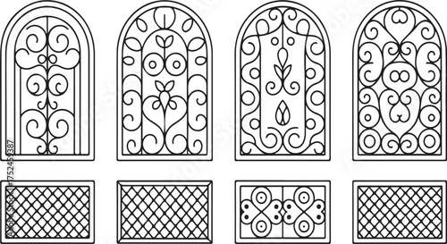 Ornate Arched Window Grilles and Rectangular Decorative Panels vector illustration