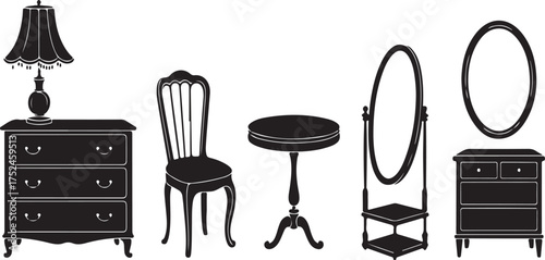 Silhouette of vintage furniture including a dresser lamp chair table and mirrors antique