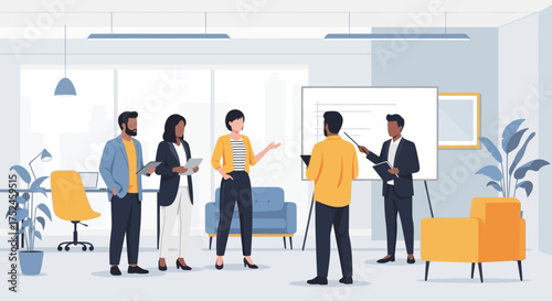 Diverse group of professionals collaborating in a modern office meeting.