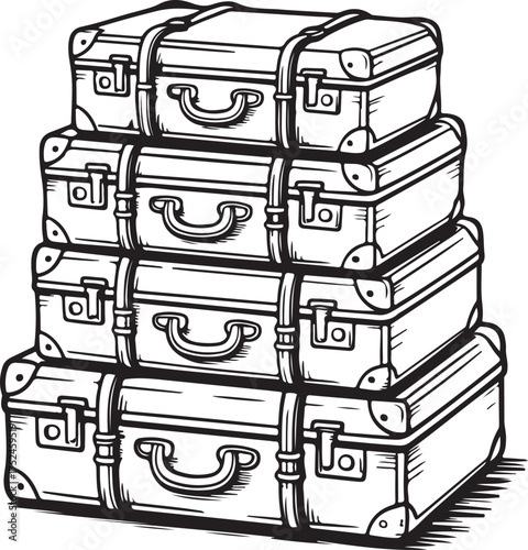 Stack of Vintage Suitcases in Black and White Line Art luggage travel