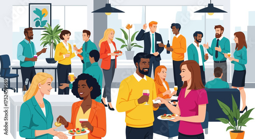 Diverse group of professionals enjoying a social gathering at the office.