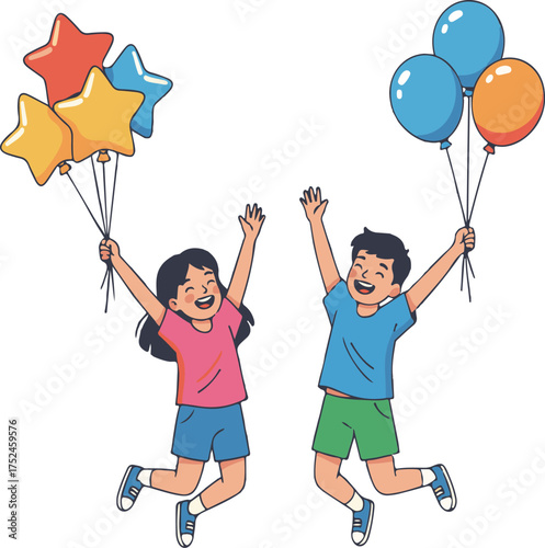 Two joyful children jumping with balloons and star balloons kids happy
