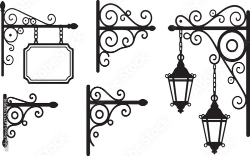 Vintage Hanging Sign Brackets and Lanterns with Scrollwork vector illustration