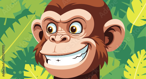 Funny Monkey Face Jungle Background Cartoon Illustration.