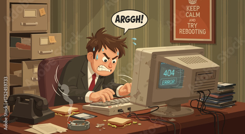 Frustrated Businessman Yelling at Computer Screen in Office.