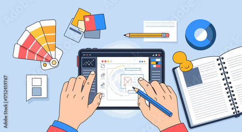 Graphic Design Process Illustration with Tools and Tablet.