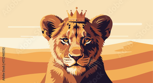 Majestic Lion Cub Wearing a Crown in the Desert Landscape.