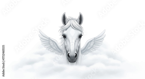 Majestic White Pegasus Horse Head Emerging From Clouds.
