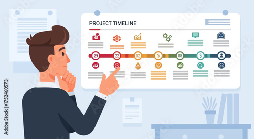 Man analyzing project timeline chart on wall.