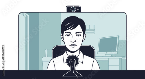 Man in Video Conference Call with Webcam and Microphone.