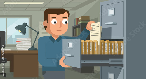Man Organizing Files in Office Filing Cabinet.