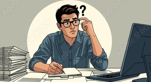 Man sitting at desk looking confused with question mark above head.