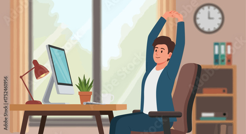 Man Stretching at Desk in Home Office.