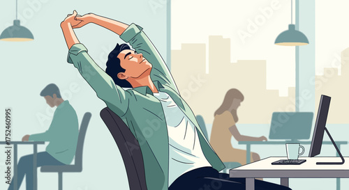 Man stretching at desk in modern office environment.
