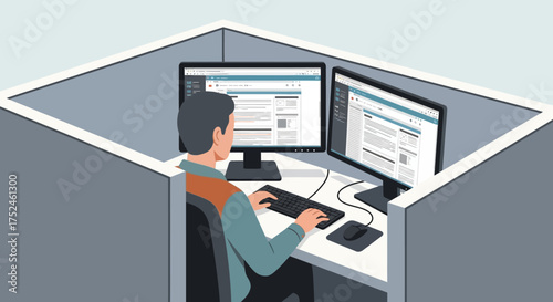 Man Working in Office Cubicle with Dual Monitors.