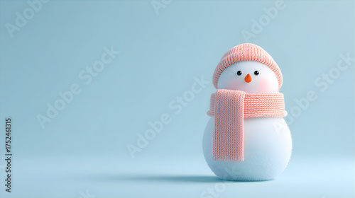 Cartoon snowman wearing a pink knitted hat and scarf on a light blue background, a cheerful winter and Christmas holiday concept.