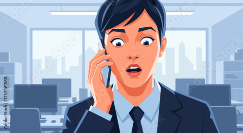 Shocked Businessman Talking on Phone in Office.