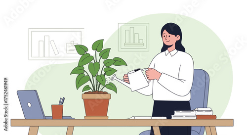 Woman watering a plant in an office setting.