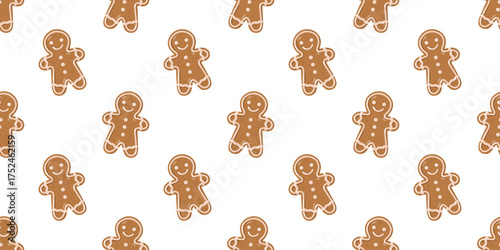 Seamless winter pattern with gingerbread men cookies on white background. Cartoon Christmas vector background. 