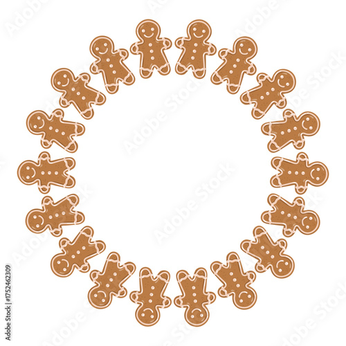 Round frame with gingerbread man cookies in holiday style. Cartoon Vector isolated illustration on white background. 