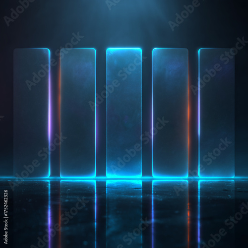 青く光る未来的な柱群