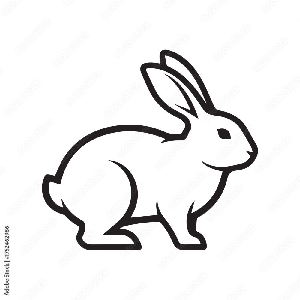 Fototapeta premium Minimalist black rabbit icon – stylized silhouette of sitting bunny with upright ears and bold outline for wildlife design, nature visuals, and spring-themed graphics.