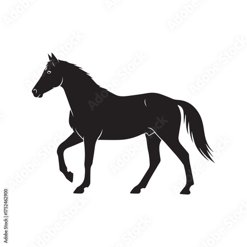 Minimalist black horse icon – stylized silhouette of walking horse with lifted limbs, flowing tail, and alert ears for wildlife design, equestrian visuals, and motion-themed graphics.