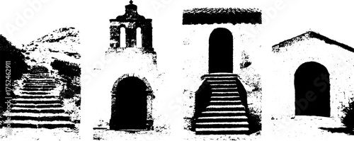 Rustic architectural arches and domes in black and white linocut design for vintage decor