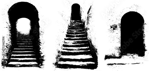 Atmospheric black and white linocut of ancient stone archways and stairs for artistic decor