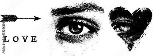 Grunge linocut illustration of arrow and heart with eye for love and romance themes